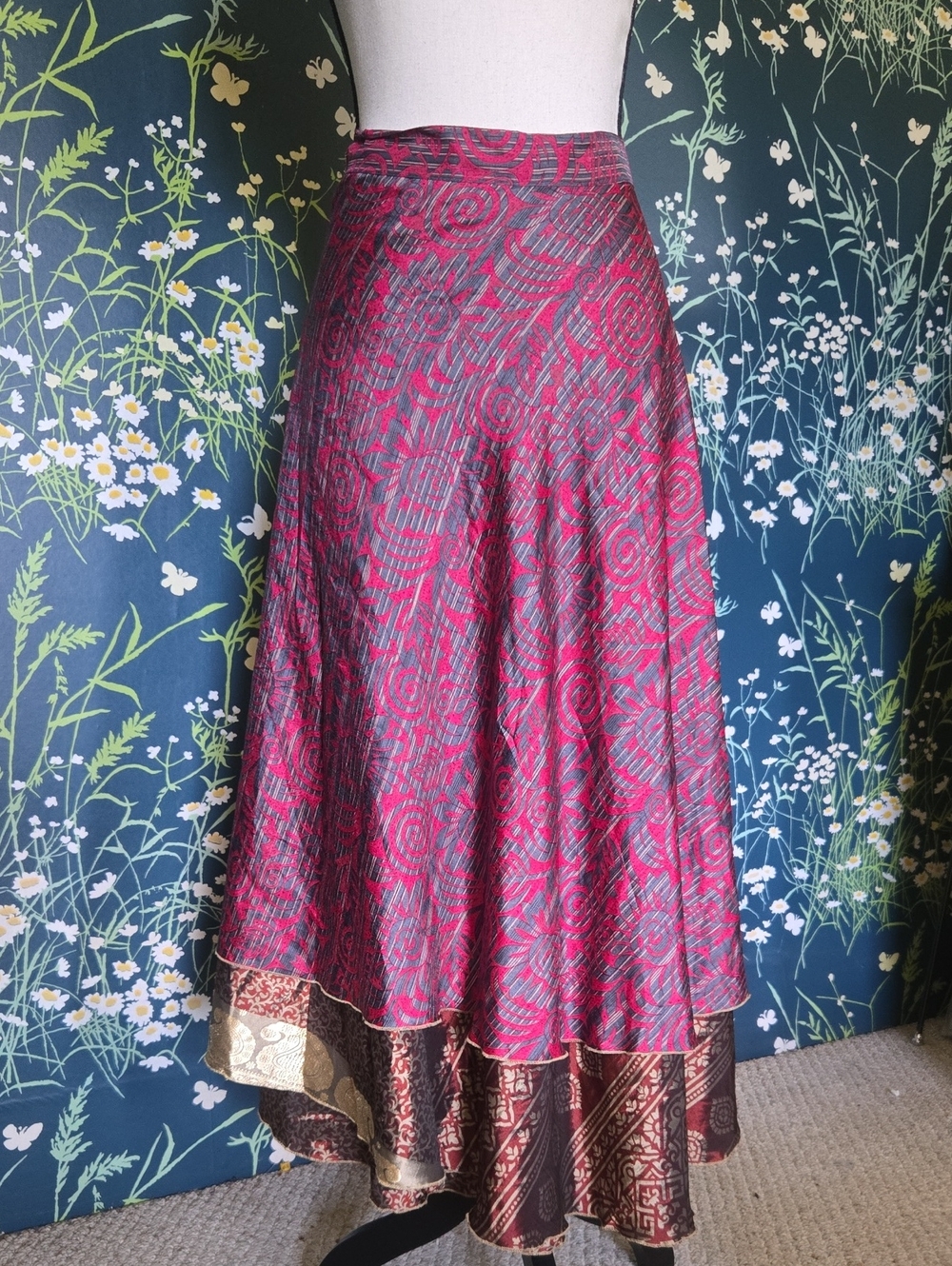 Vtg Silk Advance Apparels Magenta High-Low Fishtail Wrap Skirt